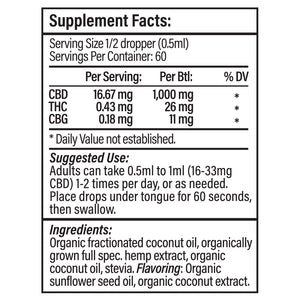 Full Spectrum CBD Oil - Coconut Flavor - 1000 mg - 1 oz